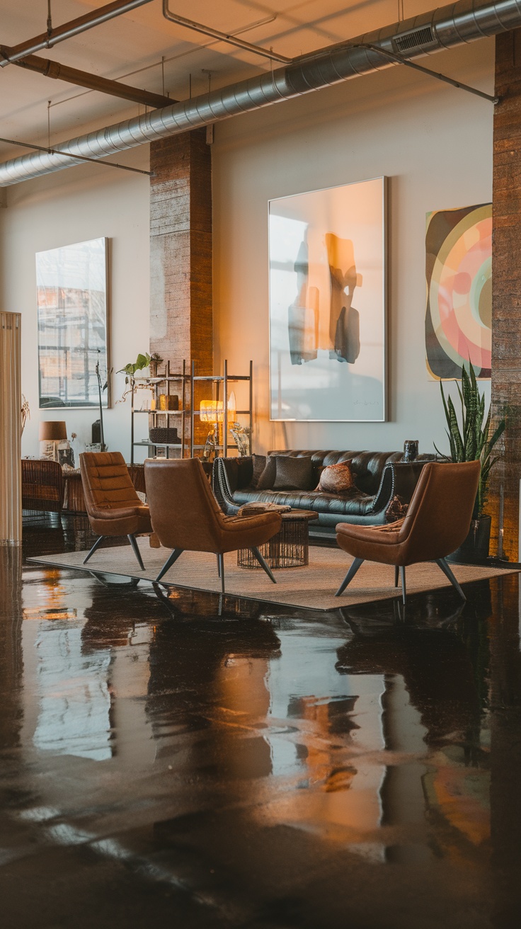 Modern living area featuring black epoxy flooring and chic furniture.