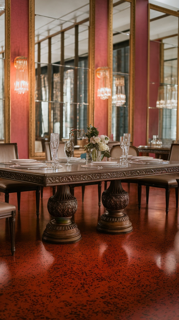 A beautifully arranged dining space with a decorative table, elegant chairs, and a glossy epoxy flake floor.