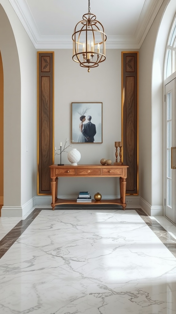 An elegant entryway featuring a marble-like epoxy floor, wooden console table, and stylish decor.