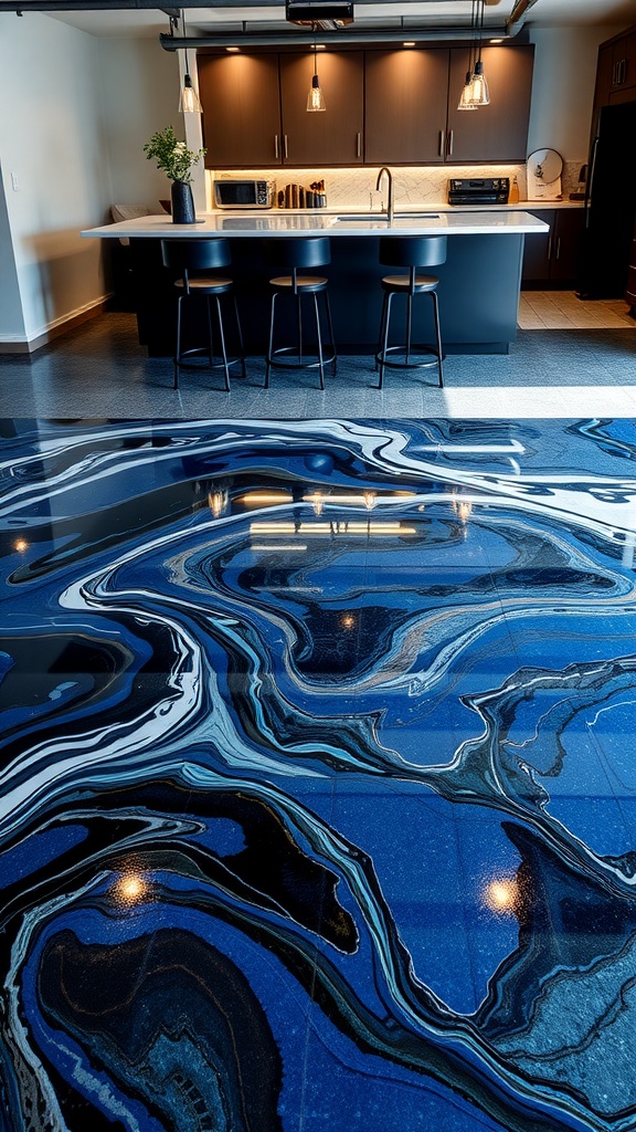 Elegant epoxy bar top showcasing a smooth blue and black design.