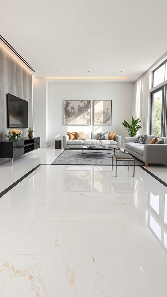 Living room featuring elegant epoxy flooring with a stylish border.