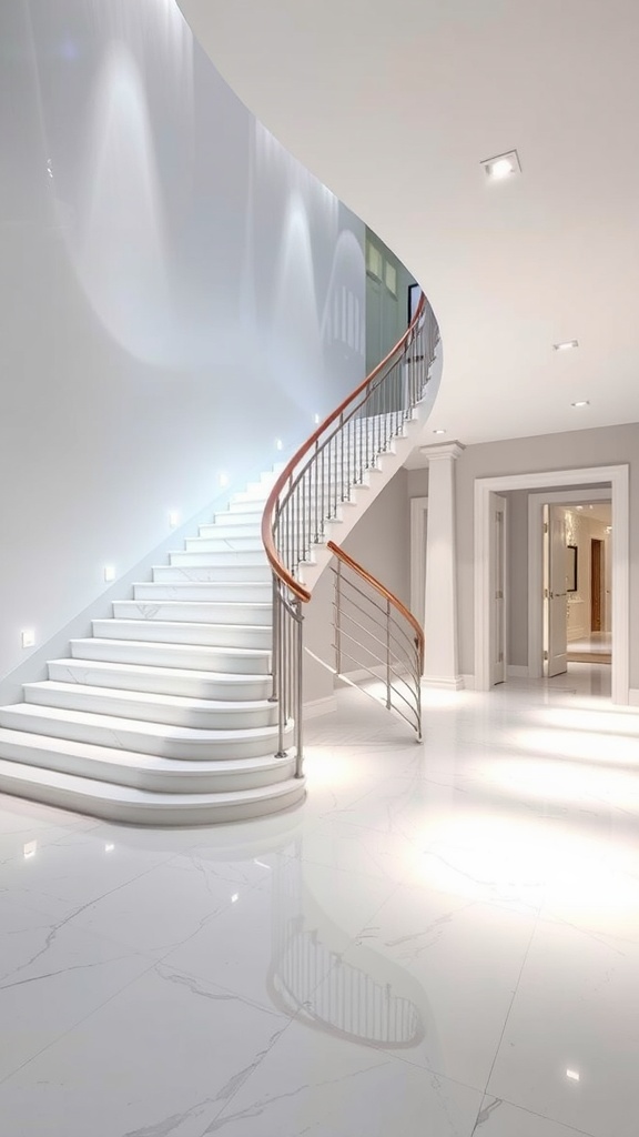 A grand staircase with an elegant epoxy floor, framed by large windows and featuring artwork on the wall.