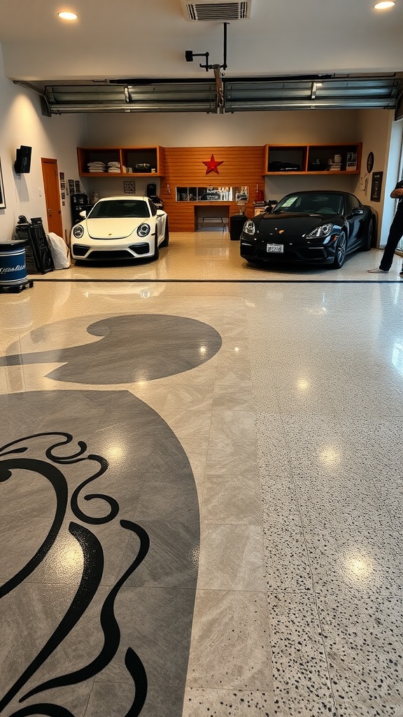Elegant garage with two cars and a beautifully designed epoxy floor featuring intricate patterns.