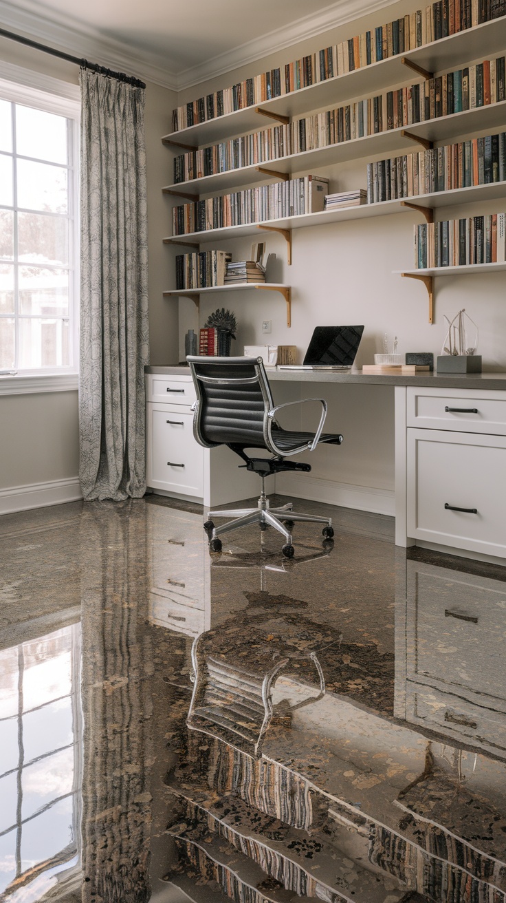 A modern home office featuring epoxy flake flooring, a stylish desk, and bookshelves.