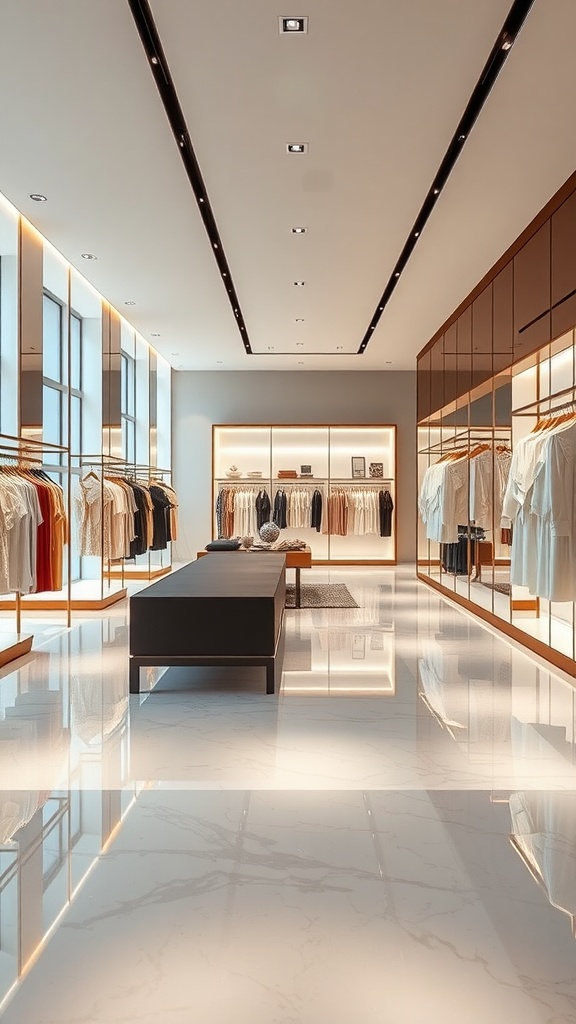 A stylish interior featuring black resin flooring with elegant floral inlays, complemented by modern decor and lighting.