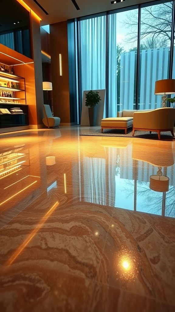 A well-lit interior showcasing an elegant epoxy floor with a glitter finish, reflecting light and enhancing the room's atmosphere.