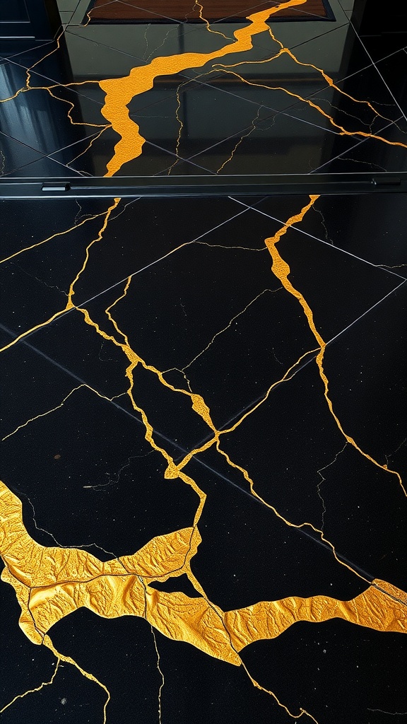 Elegant epoxy floor design featuring gold leaf accents on a black surface