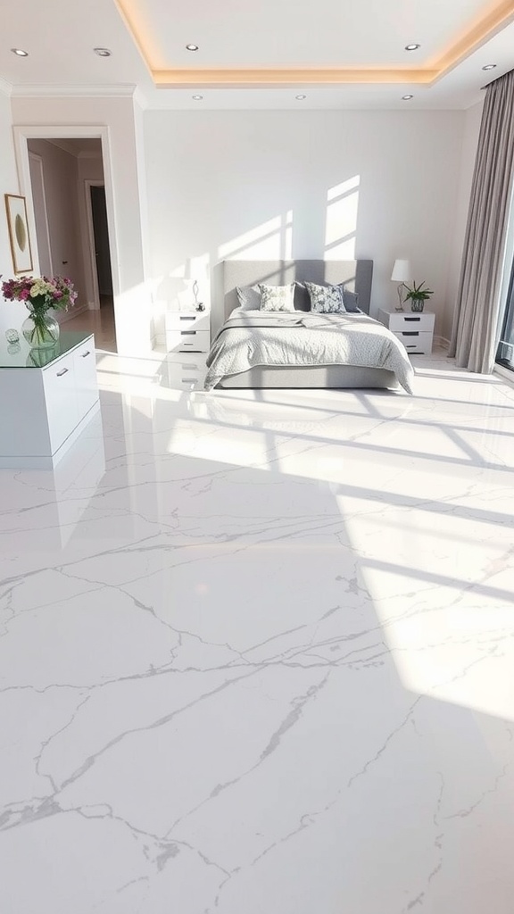 A dining area with gray marble epoxy flooring, stylish furniture, and modern decor.