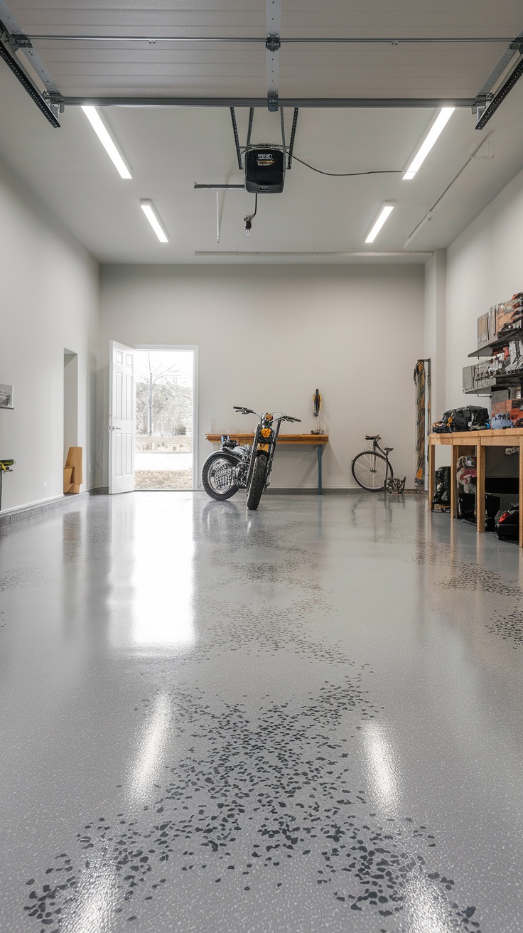A spacious garage with a polished grey flake epoxy floor, featuring a motorcycle and a workbench.