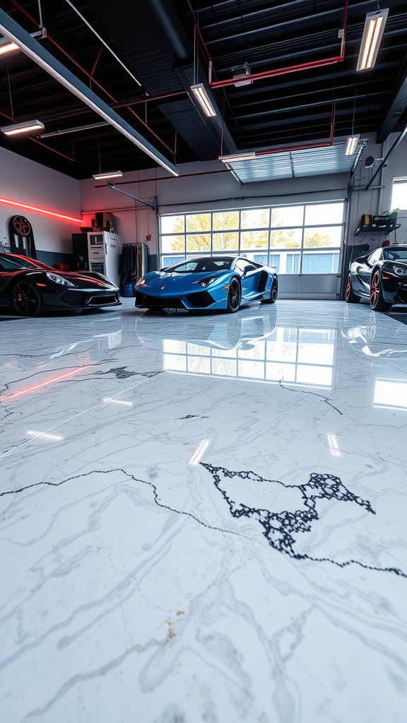 A luxurious garage with marble-like epoxy flooring and high-end cars.