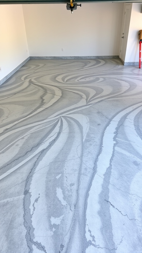 Epoxy garage floor with a marble effect in gray and white swirls