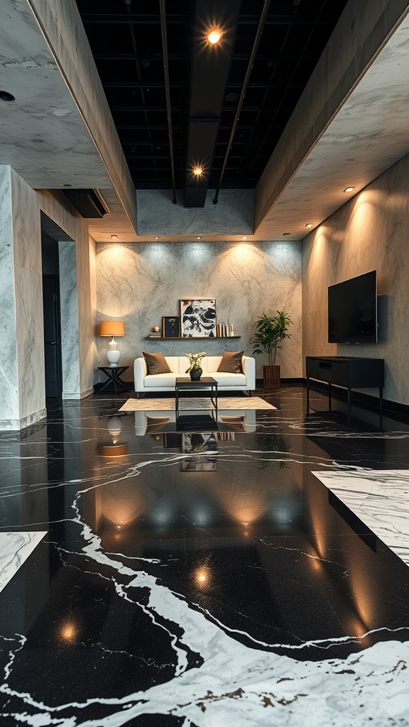 A modern living space with a glossy black and white marble effect epoxy floor and a black basement ceiling.
