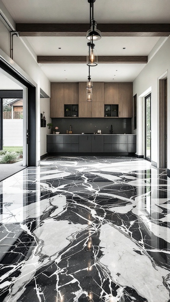 Elegant black and white marble effect epoxy floor in a modern garage interior.