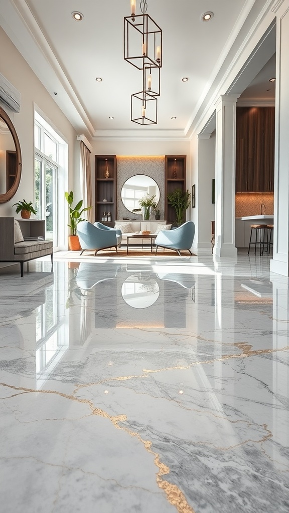 Living room with elegant marble effect epoxy floor, featuring gray and white tones with gold veining.