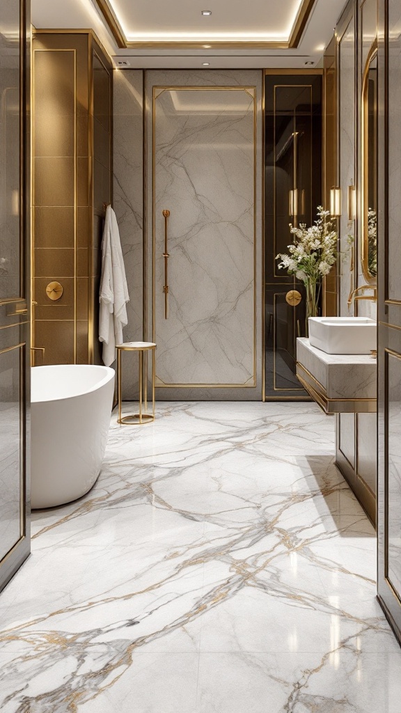 A luxurious bathroom featuring marble effect epoxy flooring with gold accents and modern fixtures.