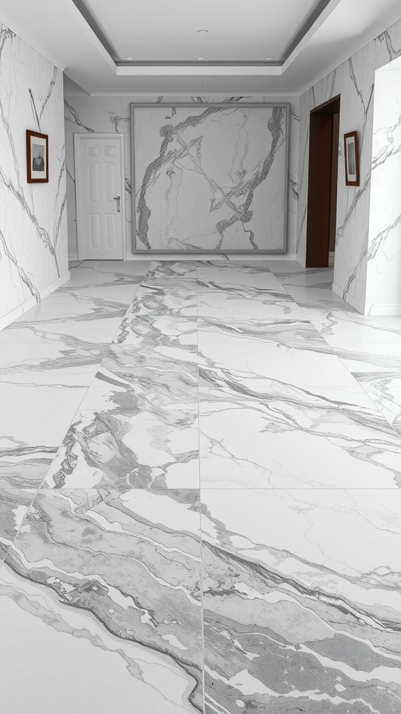Hallway with marble effect epoxy flooring and walls, featuring a modern and sleek design.