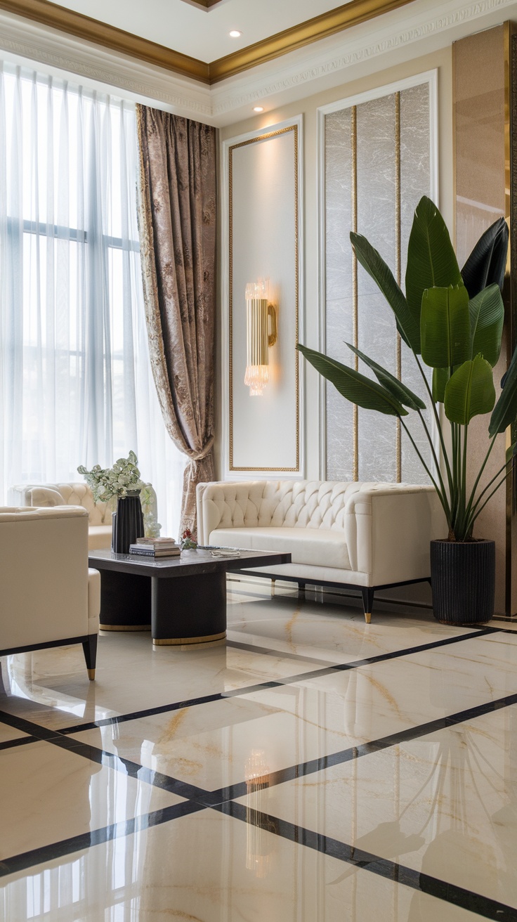 A beautifully designed living room with marble effect epoxy flooring, elegant furniture, and large windows.