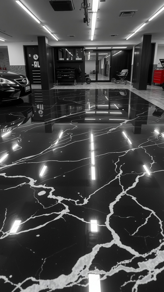 A shiny black marble epoxy floor in a modern garage setting with white veining.