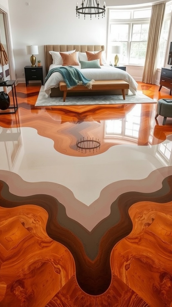 Interior with epoxy flooring featuring an elegant ombre effect, blending shades of grey in a modern living space.