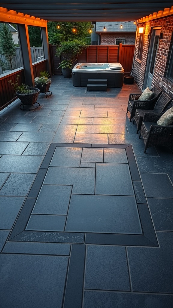 A beautifully designed patio with slate gray epoxy flooring and a hot tub, illuminated by soft lighting.