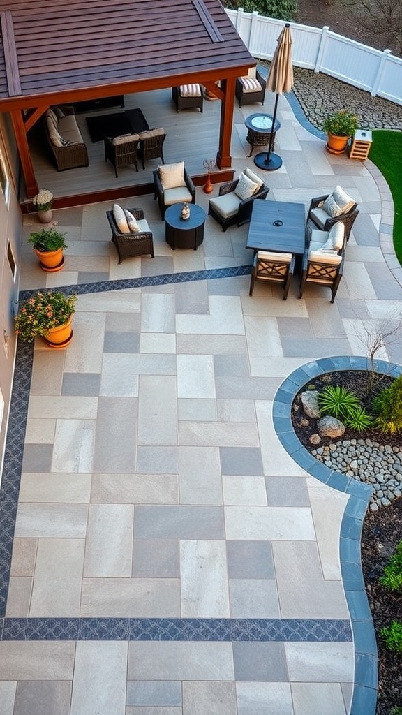 A beautifully designed patio featuring a slate pattern stamped concrete with a bold border, surrounded by outdoor seating and greenery.