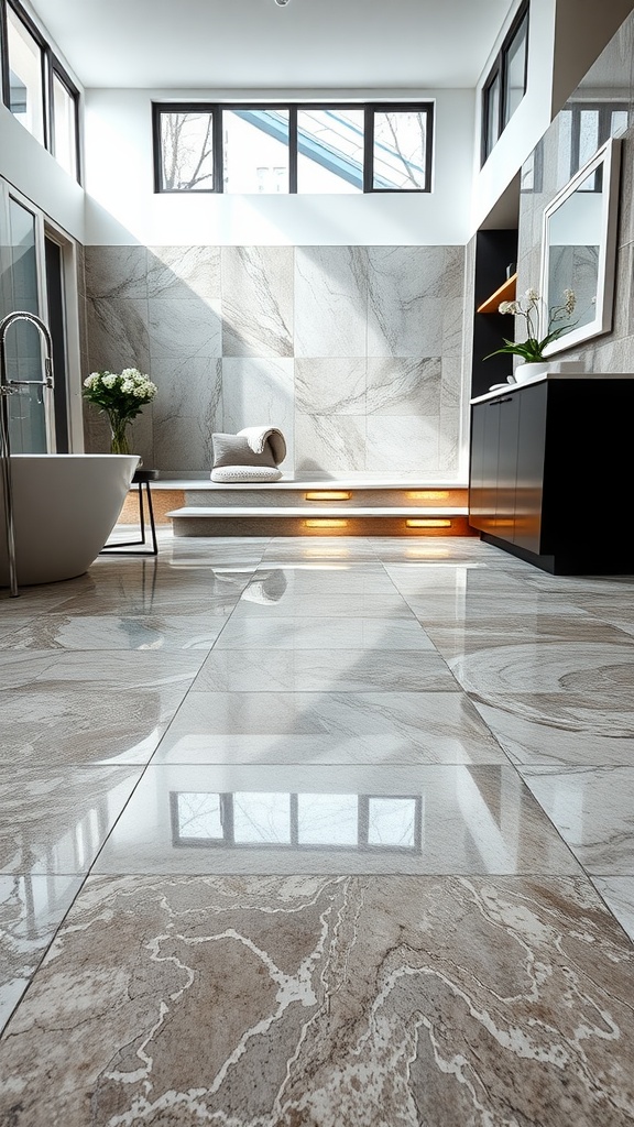 Interior space featuring stone-look epoxy flooring, elegant decor, and natural light.