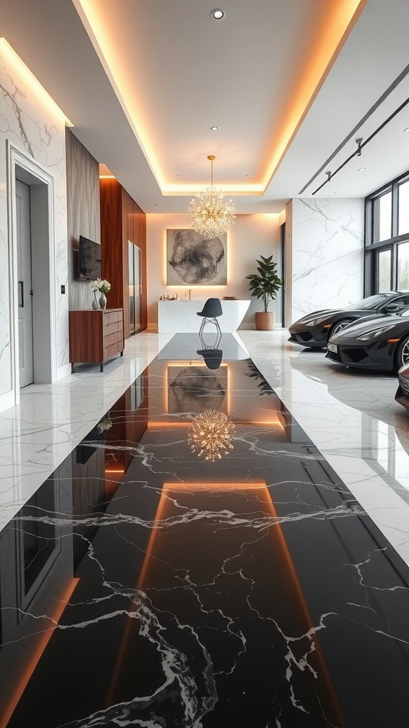 Luxury living space with two-tone epoxy flooring featuring black and marble patterns, modern furniture, and elegant lighting.