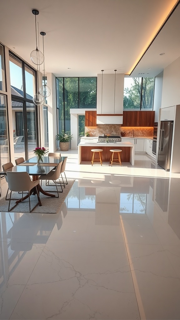 Modern kitchen with glossy white epoxy floor, wooden accents and large windows