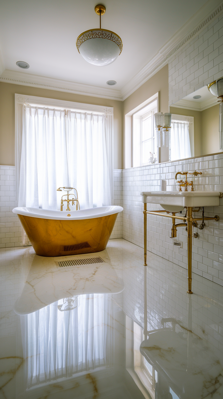 Bathroom featuring white marble effect epoxy flooring with a modern bathtub and golden fixtures