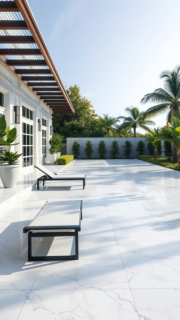 Elegant outdoor patio with white marble effect flooring and modern lounge chairs.