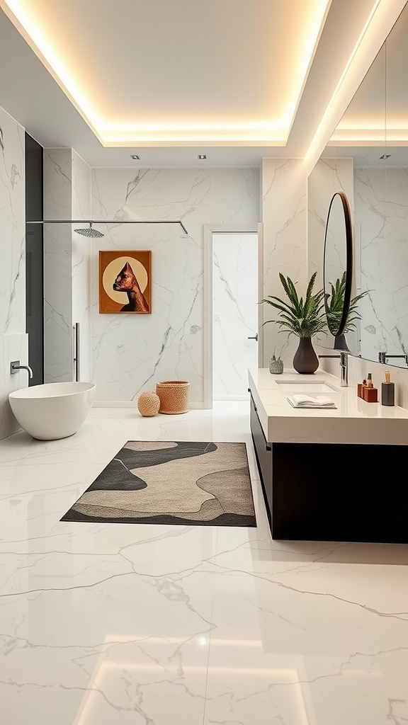 Modern bathroom with elegant white pearl finish epoxy flooring