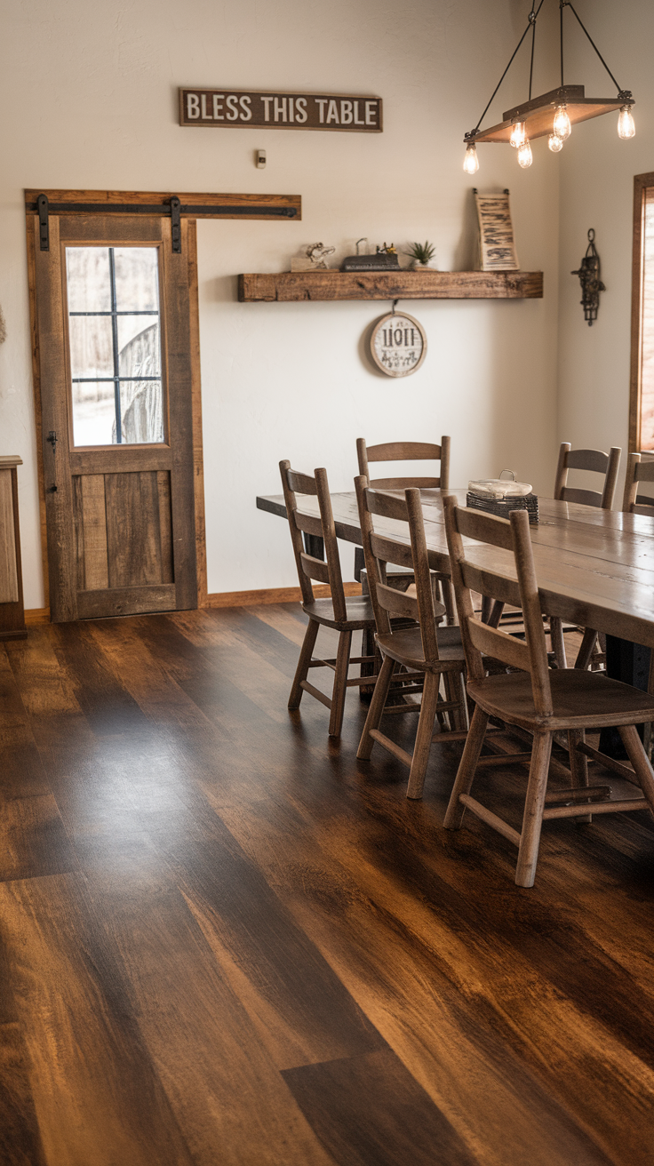 A dining area with wood-look epoxy flooring, featuring a wooden table and chairs.