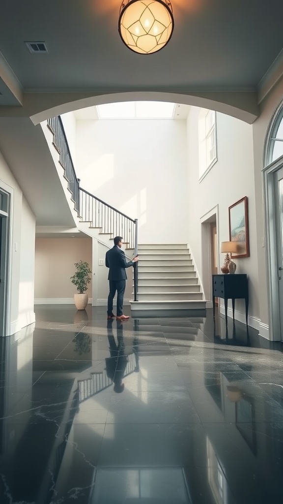 A grand entrance with a staircase and glossy epoxy floor.