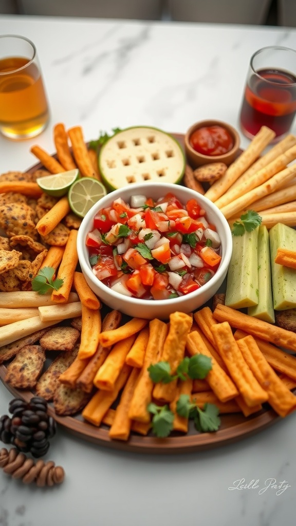 A colorful plate featuring homemade Pico de Gallo served with various snacks.
