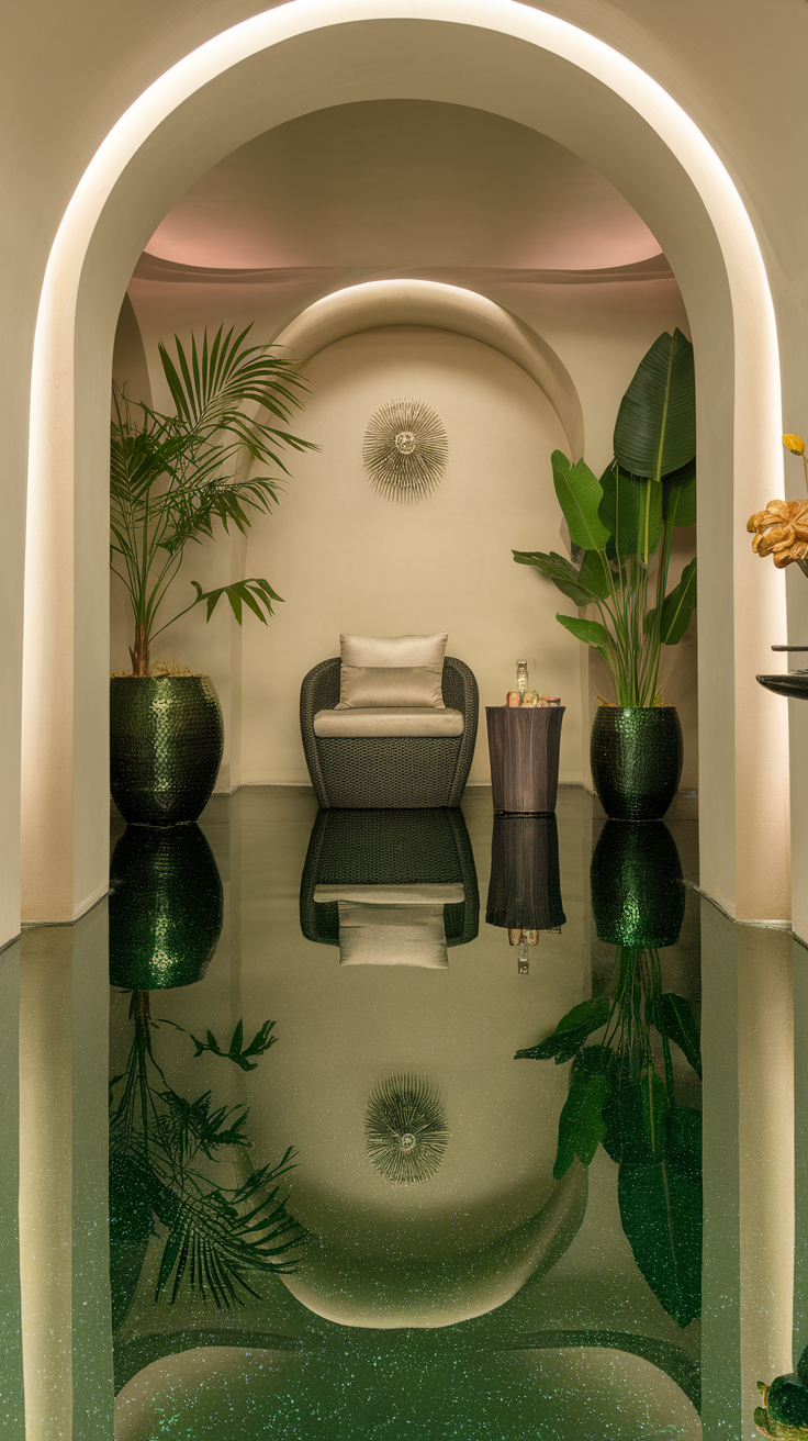 A luxurious space featuring emerald green metallic epoxy flooring with plants and a cozy chair.