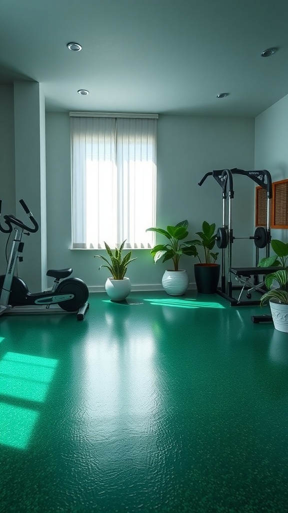 A home gym featuring an emerald green epoxy floor, filled with plants and bright natural light.