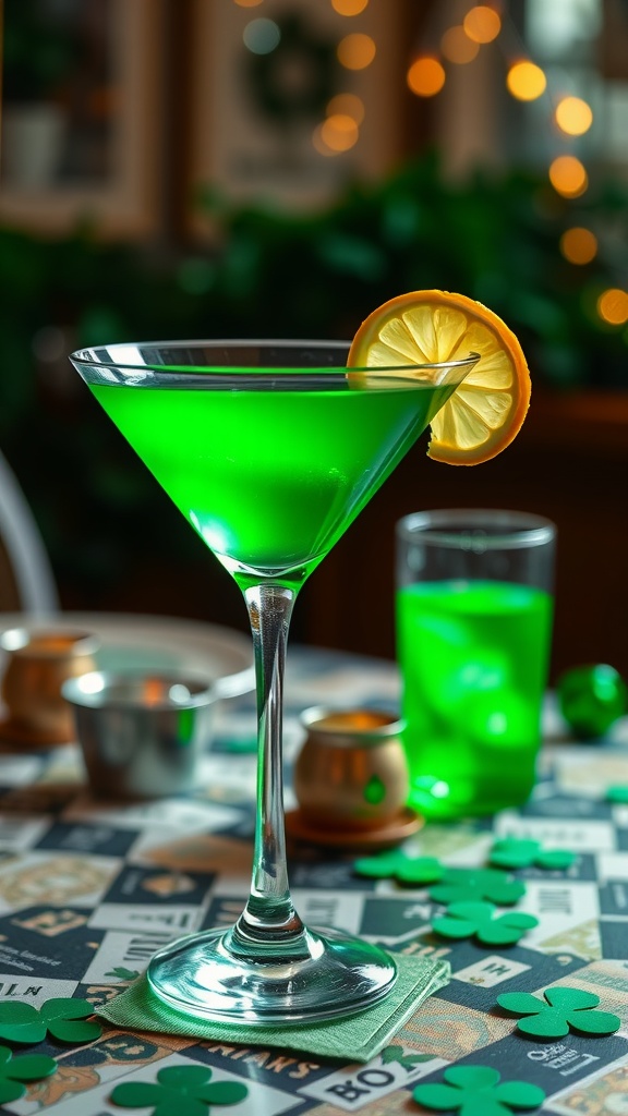 A vibrant green Emerald Isle Martini garnished with a lemon slice, perfect for St. Patrick's Day celebrations.