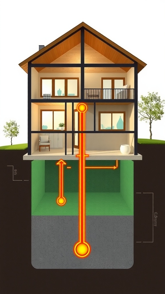 A cutaway diagram of a house showing energy efficiency with concrete flooring
