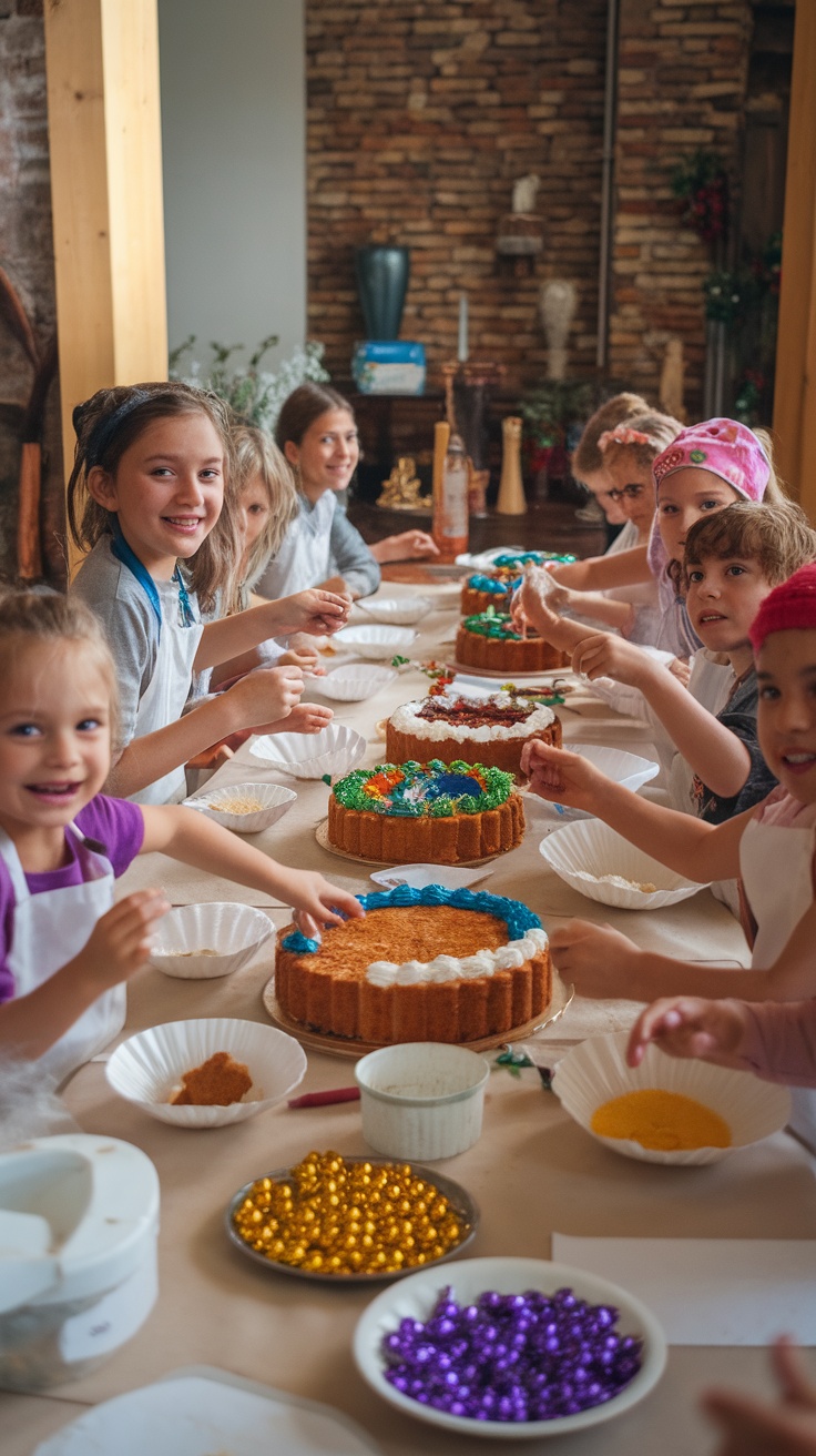 Children engaging in King Cake traditions with colorful decorations.