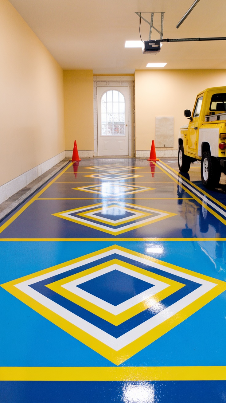 A vibrant epoxy garage floor featuring geometric patterns in blue and yellow with a yellow vehicle parked.