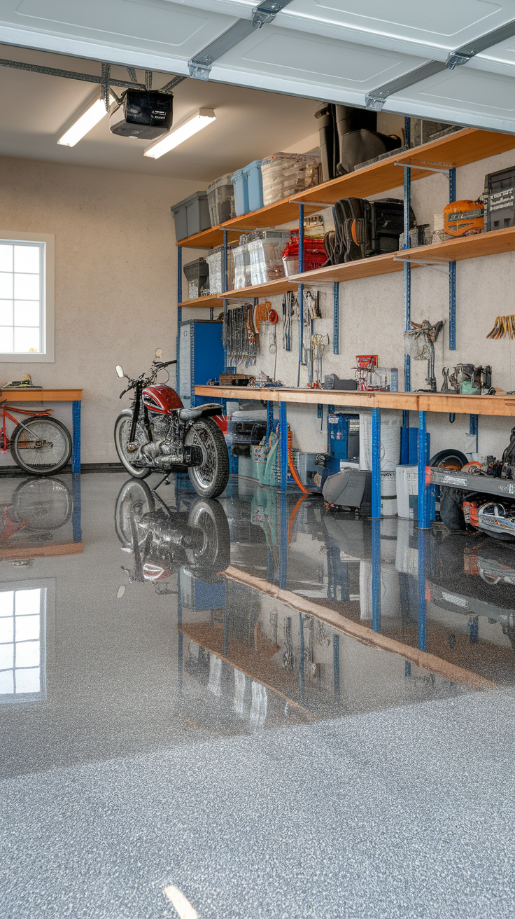 A shiny epoxy floor in a well-organized garage with bikes and tools.