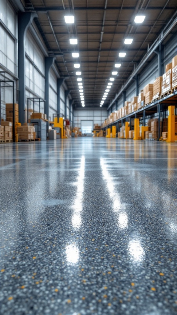 A spacious warehouse with bright lighting and clean flooring.