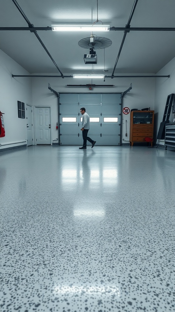 A person walking on a shiny, epoxy-coated garage floor with bright lighting.