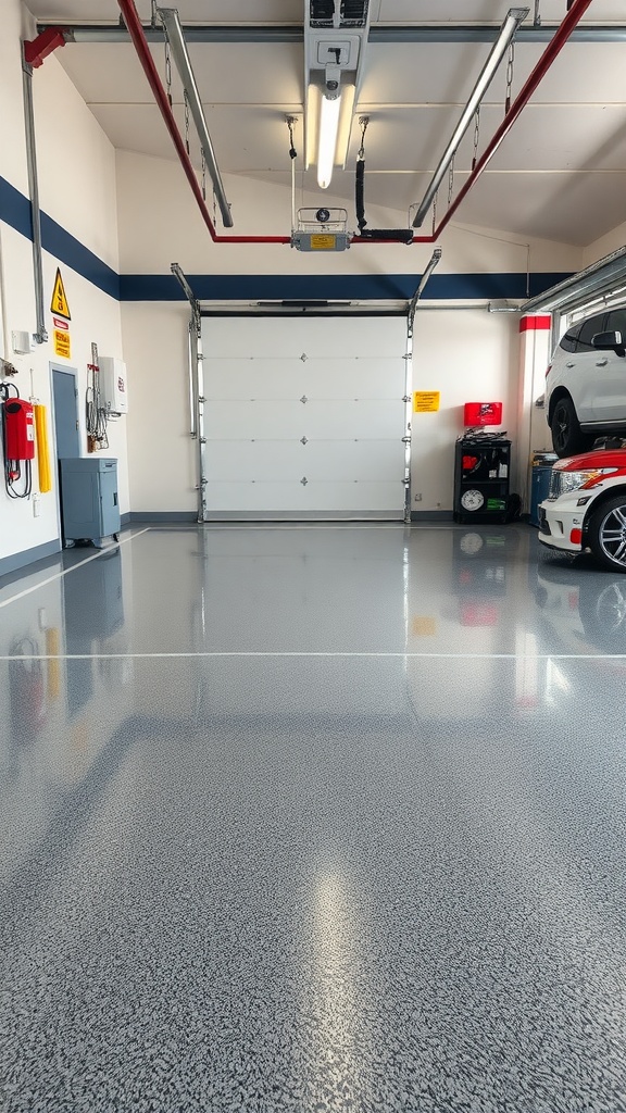 A bright and clean garage with epoxy flooring, featuring a shiny, reflective surface and organized tools.