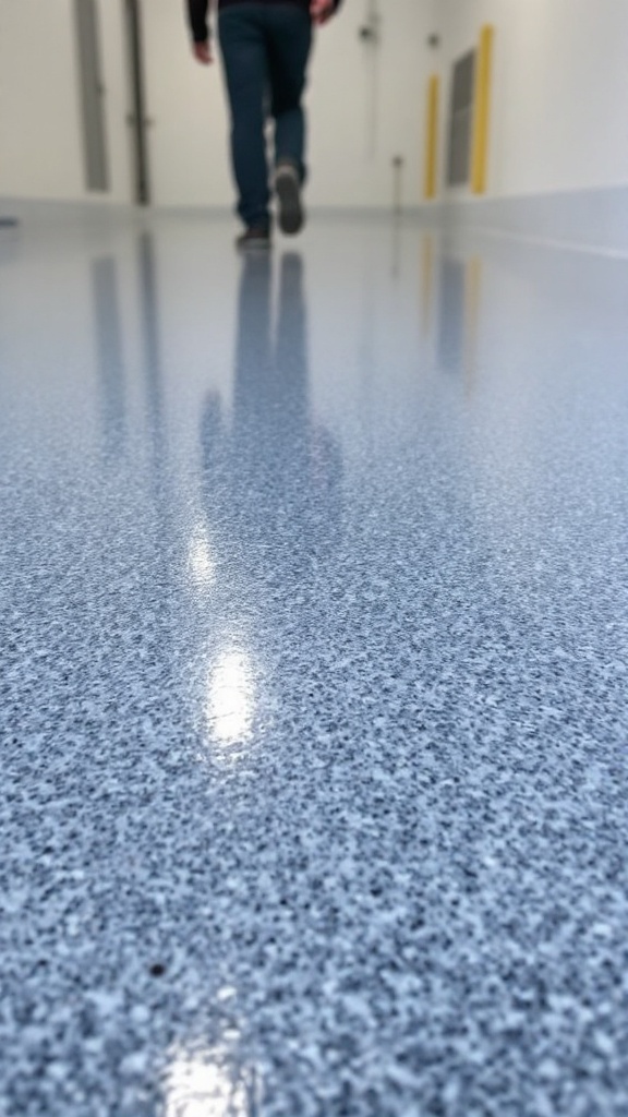 A person walking on a smooth, shiny epoxy floor in a well-lit hallway.