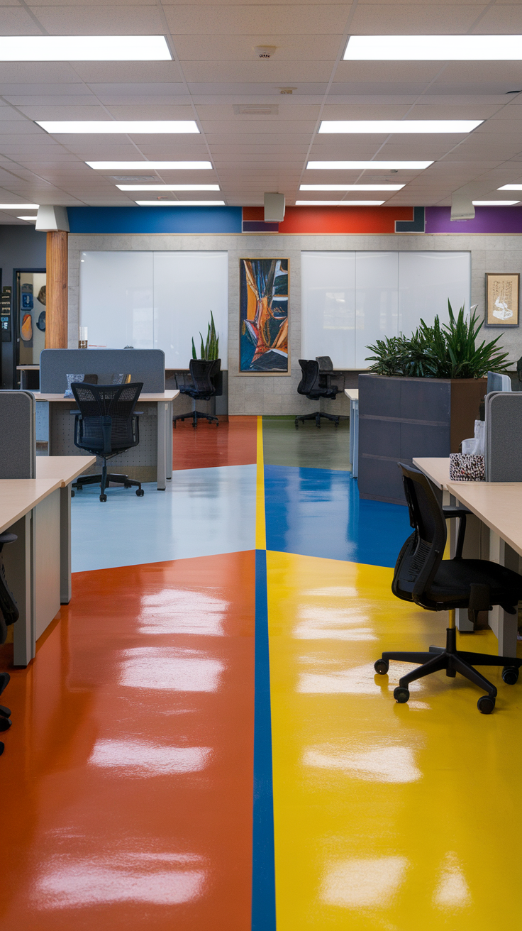 Brightly colored epoxy coated floors in an office space with desks and plants.