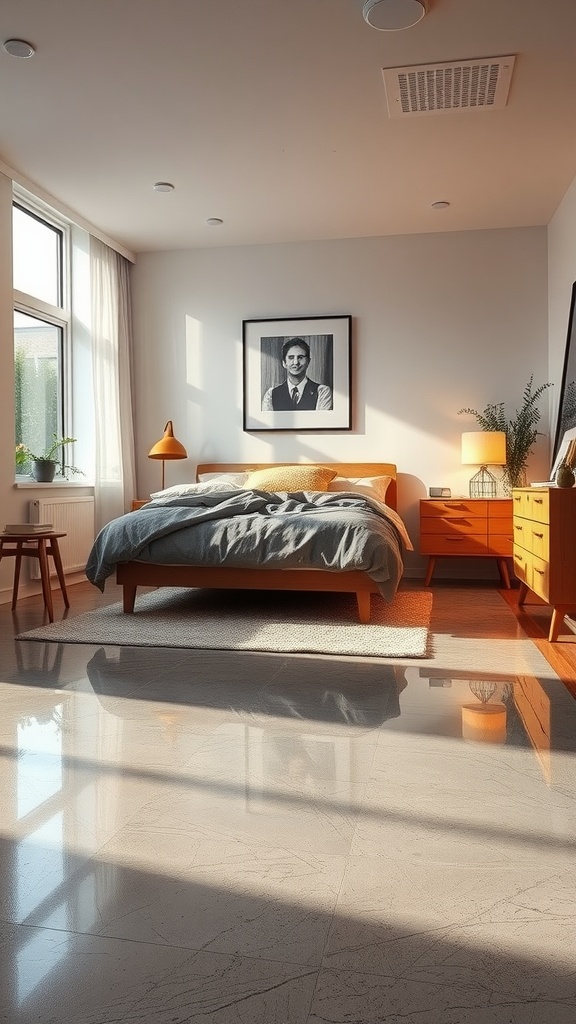A stylish bedroom featuring an epoxy floor, a cozy bed, wooden furniture, and warm lighting.