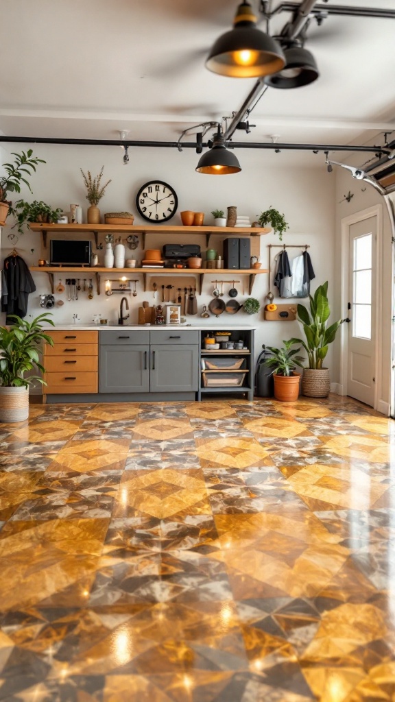 A well-decorated garage with epoxy flooring, featuring plants, shelves, and a modern design.