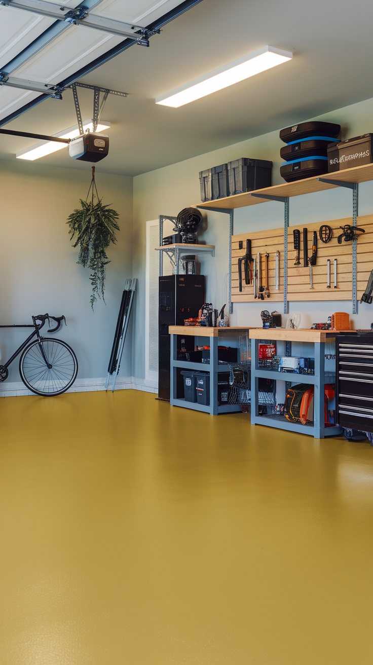 A bright yellow epoxy floor in a tidy garage with organized tools and a bike.