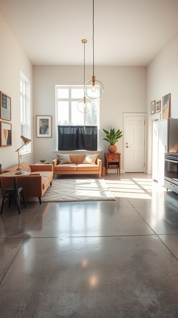 Bright interior room featuring polished concrete floor reflecting light, with modern furniture and decor.